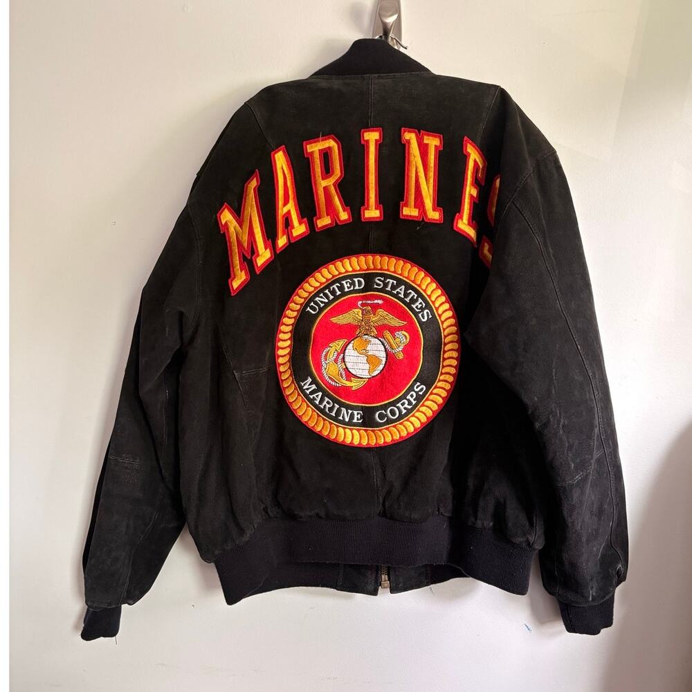 Vintage US Marine Corps Leather Bomber Jacket Black Embroidered Back Large Logo